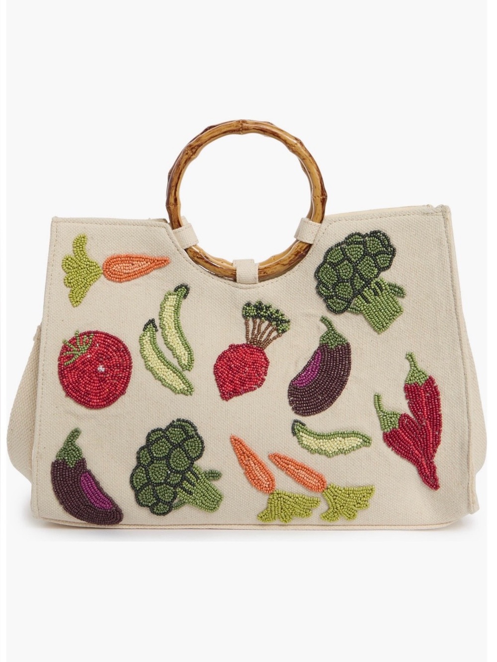 NWT Sol & Mer Collection XIIX Beaded Veggie Bamboo Handle Tote Bag